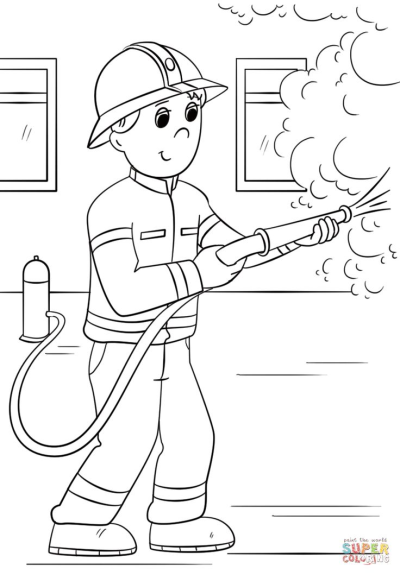 Illustration of a firefighter in uniform, complete with helmet and hose, heroically extinguishing a fire.
