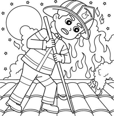 A cartoon firefighter bravely standing on a rooftop holding a tool, surrounded by flames and stars.