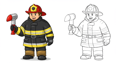 Cartoon image of a firefighter in full gear holding a Halligan tool, alongside a line art version for comparison or design purposes.
