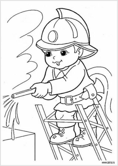 Cartoon style drawing of a firefighter wearing a helmet, standing on a ladder, and holding a hose with water spraying out.