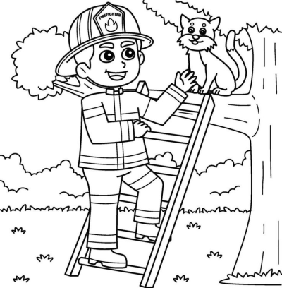Illustration of a brave firefighter climbing a ladder to rescue a cute cat stuck in a tree. Outlines, ideal for creative projects.