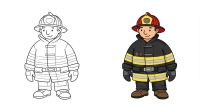 Cartoon illustration of a firefighter, showing a black and white outline version and a fully colored version side by side.