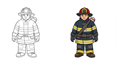Cartoon style image of a firefighter in his uniform and equipment,one is colored and the other is a line drawing.
