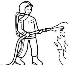 Illustration of a firefighter with a helmet, using a hose to extinguish a fire. Cartoon firefighter in action. 