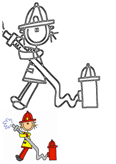 Cartoon style illustration of a firefighter holding a fire hose connected to a fire hydrant. 