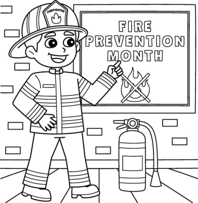 A cartoon firefighter is pointing to fire prevention poster next to fire extinguisher. Black and white outline drawing style.