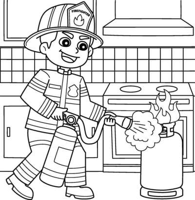 A cartoon firefighter extinguishing a kitchen fire with foam from a fire extinguisher, showcasing fire safety measures.