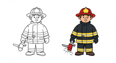 Cartoon illustration of a firefighter in uniform with a water gun, half colored, half in black and white outline.