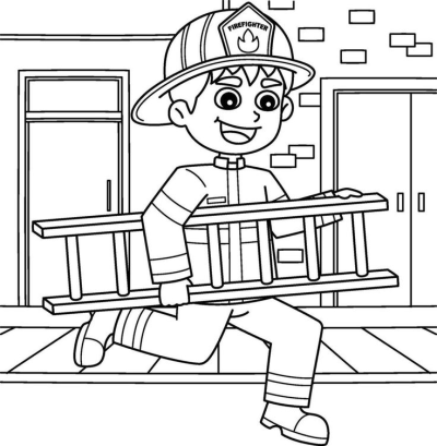 Cartoon illustration of a firefighter running with a ladder in front of a building. Vector graphic of a firefighter for creative projects.