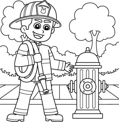 Cartoon illustration of a smiling firefighter with a hose, standing next to a fire hydrant and tree. 