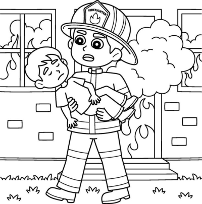 Line art illustration of a firefighter rescuing a child from a burning building, smoke billowing from windows, and flames visible.