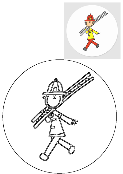 Cartoon illustration of a firefighter carrying a ladder on his shoulder in black and white outline style.