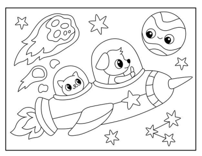 Line art of a cute dog and cat in a rocket ship exploring space with a planet, shooting star, and constellation. 