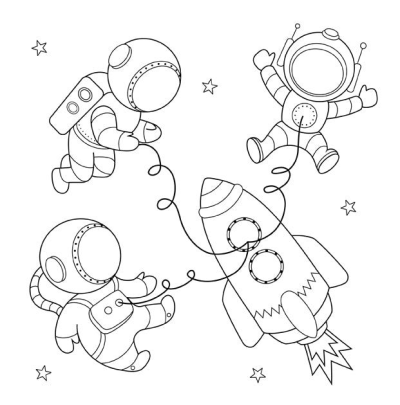 Cartoon illustration of astronauts floating around a rocket ship among stars. Line art for creative projects, space theme.