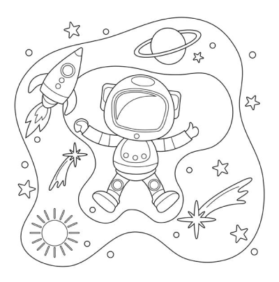A cartoon astronaut floats in space surrounded by a rocket, planet, stars and comets. Outlined illustration of space exploration.
