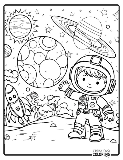 A cute astronaut stands on a planet surface with a rocket, planets, and stars. An illustration for kids.