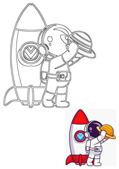 Illustration of an astronaut holding a planet next to a rocket. An astronaut is reaching for the stars with planet.