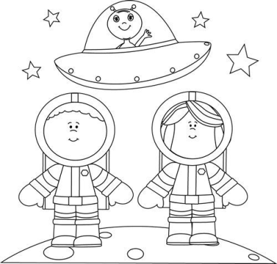 Illustration of two astronauts standing on a moon surface with a smiling alien in a flying saucer surrounded by stars.