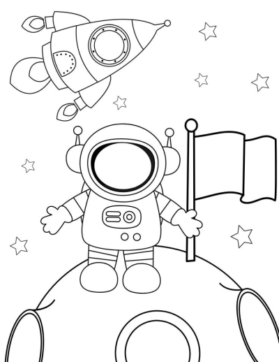 Illustration of an astronaut on the moon with a rocket and flag, surrounded by stars, suitable for space-themed projects and educational materials.