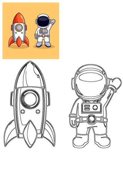Cartoon illustration of a waving astronaut in a spacesuit next to a rocket, perfect for space exploration or sci-fi theme.
