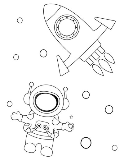 Illustration of an astronaut floating in space near a rocket. Line art illustration of an astronaut and spaceship surrounded by planets.
