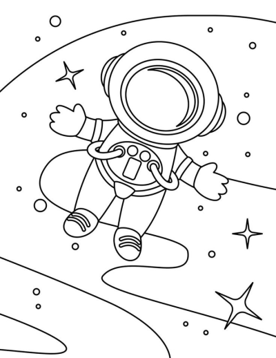 Illustration of a cartoon astronaut floating among stars and planets in space, ideal for educational or creative projects.
