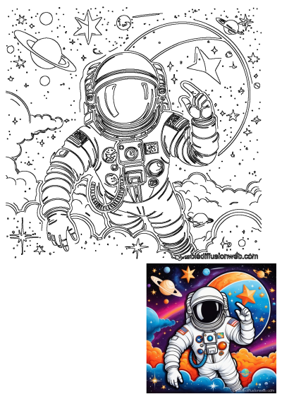 Outline illustration of an astronaut pointing in space among planets and stars. Perfect for space themed designs or coloring.