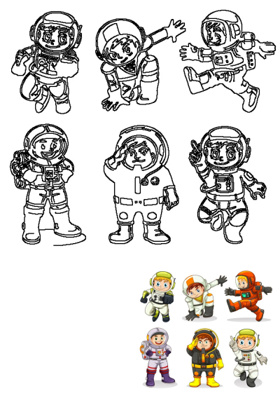 Cartoon image of astronauts in various poses, perfect for space-themed designs and illustrations. Includes both line art and colored versions.