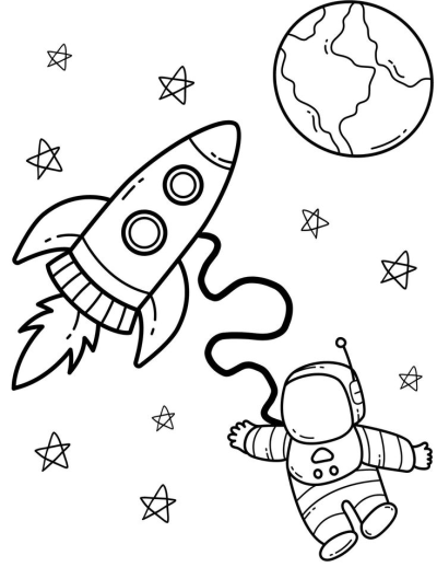 Illustration of an astronaut floating in space with a rocket, a planet, and twinkling stars all around.