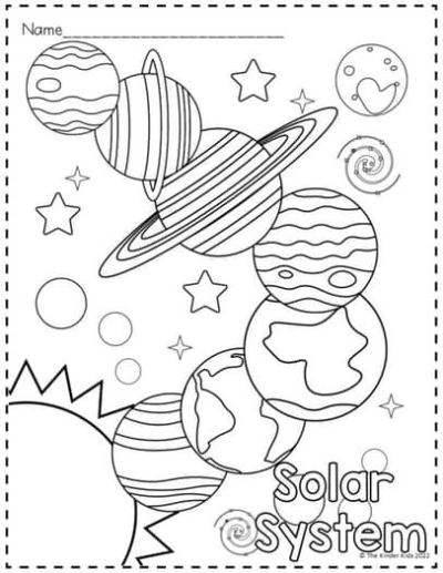 Solar system worksheet featuring the planets, sun, and stars ready to be colored. Great activity for children to learn about outer space.