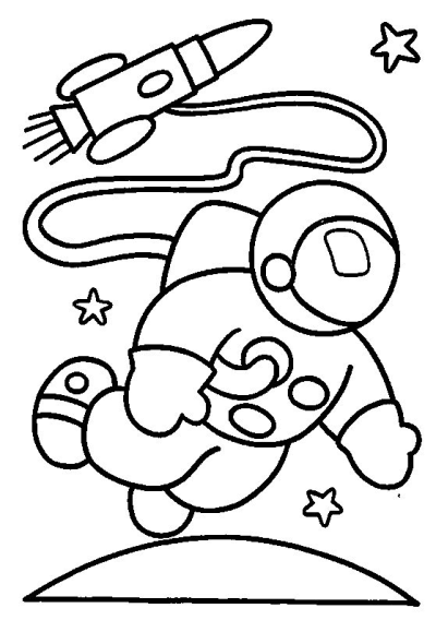 Line art of a cute astronaut floating with a rocket and stars. Illustration of space exploration and the wonder of the universe.