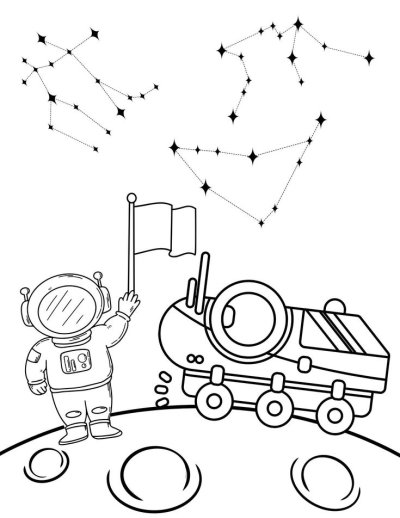 An astronaut plants a flag on the moon, accompanied by a lunar rover and constellations in the sky above. Illustration in black and white.