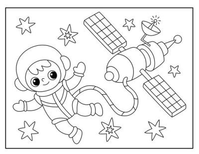 Line art of a cartoon astronaut floating in space next to a satellite surrounded by stars, perfect for illustrating space themes.