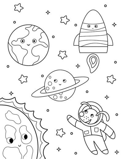 A cute line art illustration of a dog astronaut, planets, rocket, and stars in space. Whimsical design for children and space enthusiasts.
