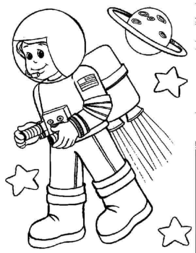 Cartoon style illustration of an astronaut in outer space, surrounded by a ringed planet, stars, and wearing a spacesuit with a jetpack.