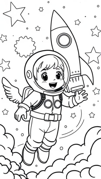 A delightful illustration of a cute, winged astronaut girl soaring through space with a rocket, surrounded by stars and clouds. 