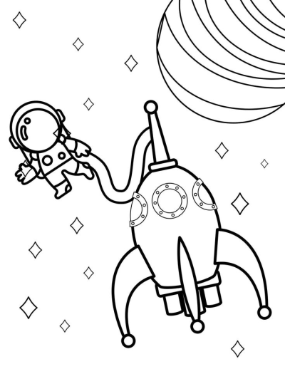Illustration of an astronaut floating near a rocket and a planet, surrounded by stars in outer space.