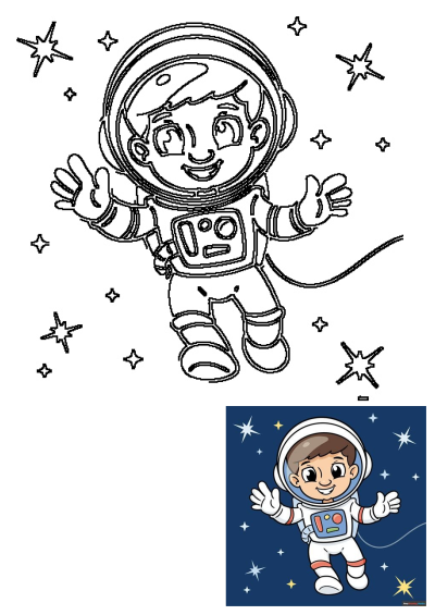 A happy cartoon astronaut floats among the stars. He wears a spacesuit and helmet, waving his hand in space,cute astronaut illustration.