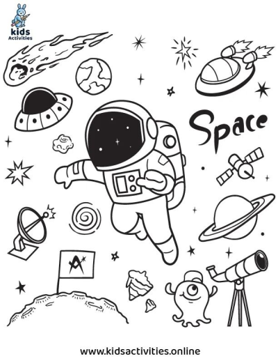 Illustration of an astronaut in space surrounded by stars, planets, a rocket, and a telescope, perfect for inspiring cosmic adventures.