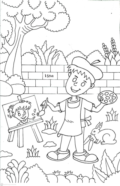 Illustration of a cheerful artist painting a portrait in a picturesque outdoor setting with a bunny and lush greenery, suitable for creative projects.