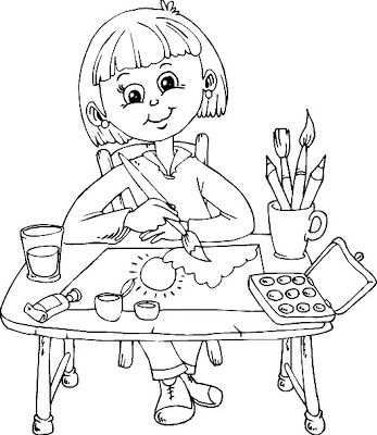 Line art illustration of a girl painting an artwork at a table with brushes, paints, and a glass of water, capturing the joy of creation.