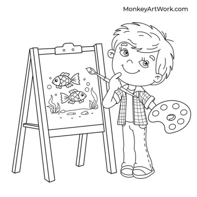 A cute boy stands beside an easel, painting an aquarium scene with two fish. He holds a brush and palette, looking thoughtful about his art.