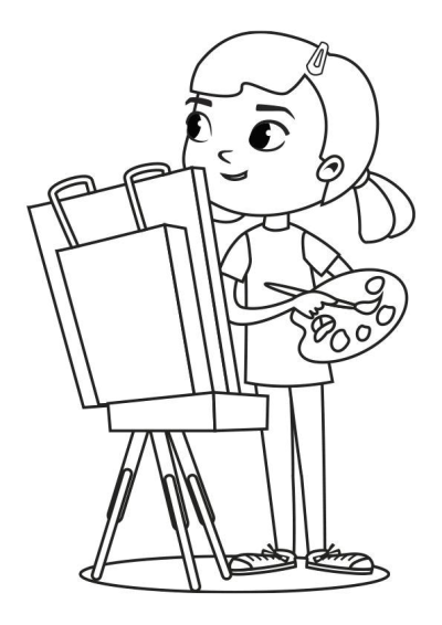 Illustration of a young girl artist painting on a canvas with a palette and brush, artistic pursuit and creative hobby.