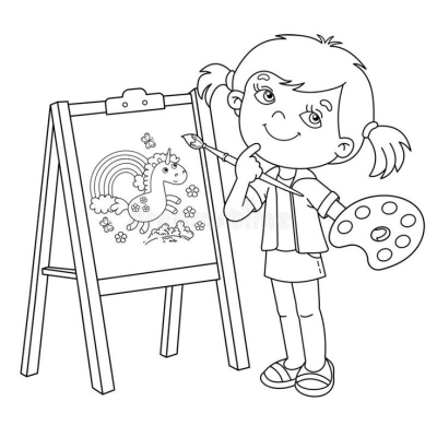 Outline drawing of a young girl painting a picture of a unicorn and rainbow on an easel, holding a brush and a paint palette. 