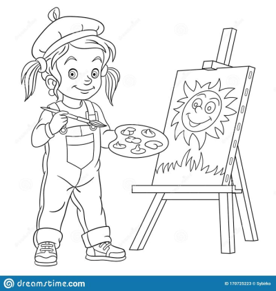 A cute girl in overalls and beret paints a smiling sun on a canvas. She's holding a brush and palette, ready to add color to her artwork.