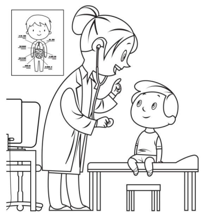 Black and white illustration of a doctor examining a child patient with a stethoscope in a medical office.