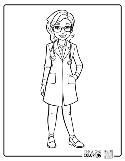 Illustration of a smiling cartoon woman doctor wearing glasses, a lab coat, and a stethoscope around her neck. A professional and kind image.