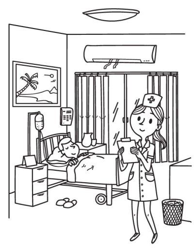 Illustration of a nurse checking on a patient in a hospital room with a bed, IV drip, and medical equipment. 