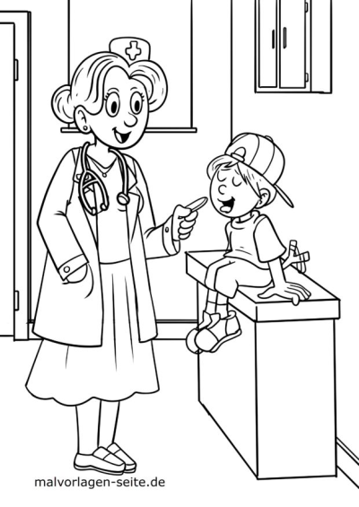 Illustration depicts a cartoon doctor examining a young boy in a clinic, perfect for educational resources or children's stories. 