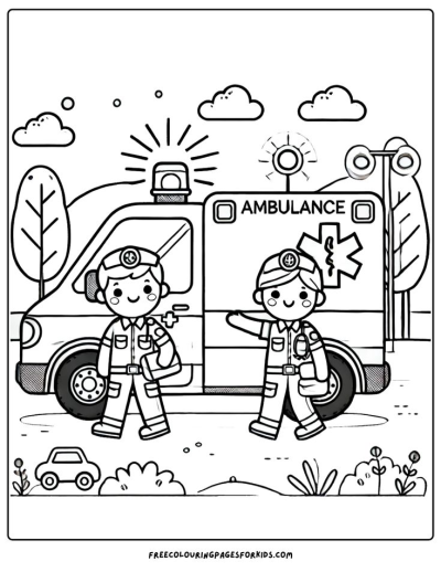 Cartoon illustration featuring two cheerful doctors standing beside an ambulance, complete with surrounding elements of clouds and trees.